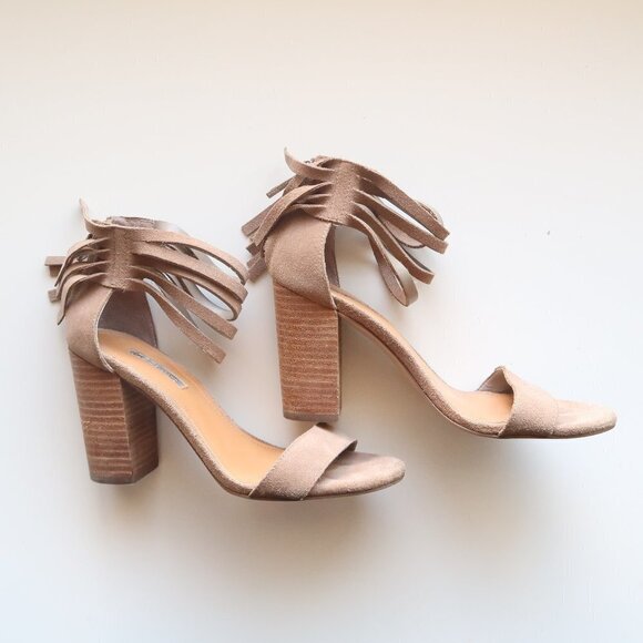 BCBGeneration Cydney Fringe Trimmed Taupe Suede Sandals Block Heels Women Size 6 - Picture 2 of 16